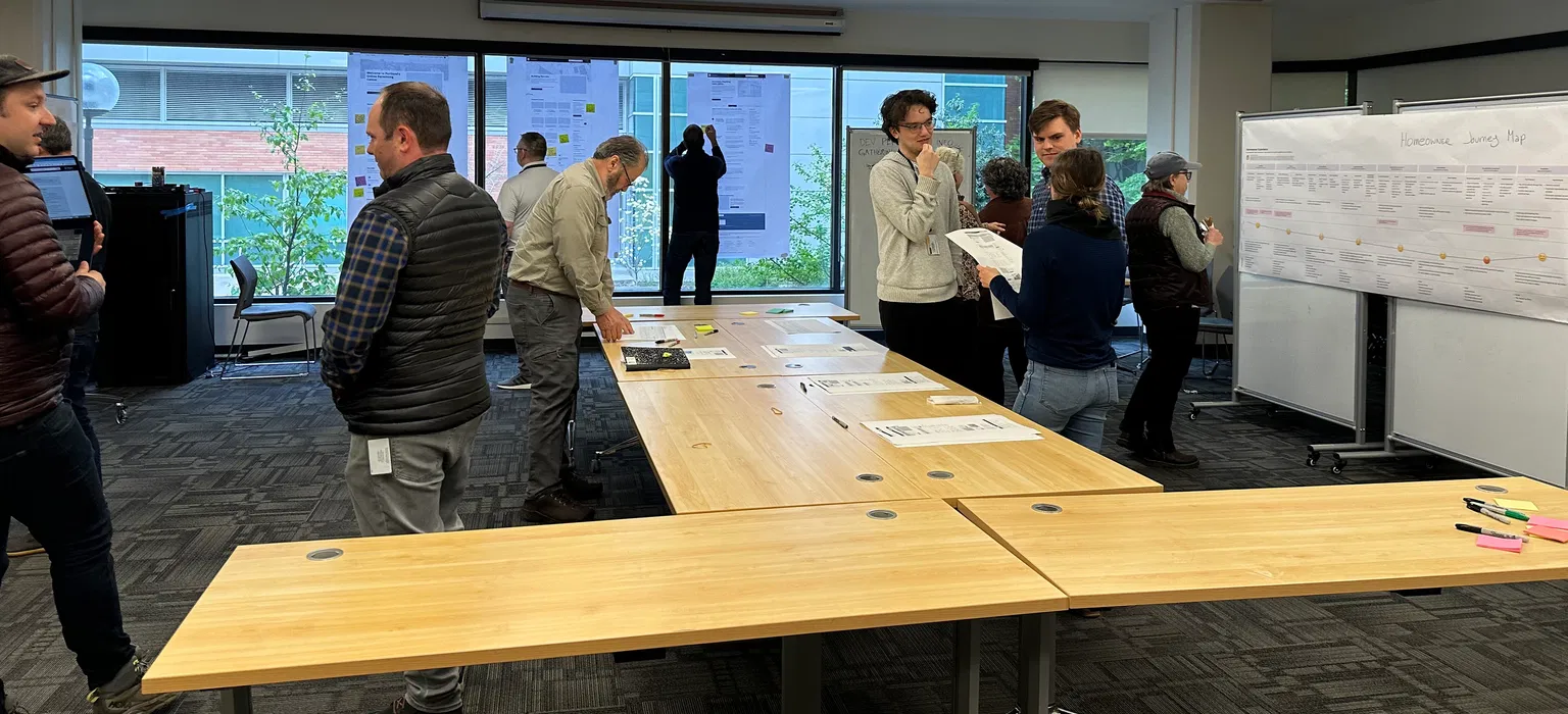 Workshop participants discussing journey maps and product designs with Singlemind at the City of Portland