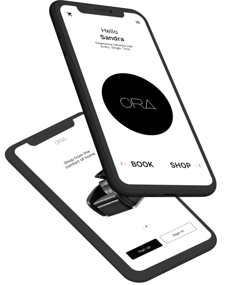 Two phones using the ORA Cosmetics app for iOS