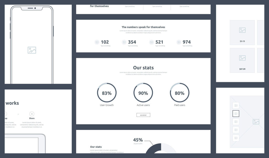 UX Design wireframes for analytics, eCommerce, and how SaaS works