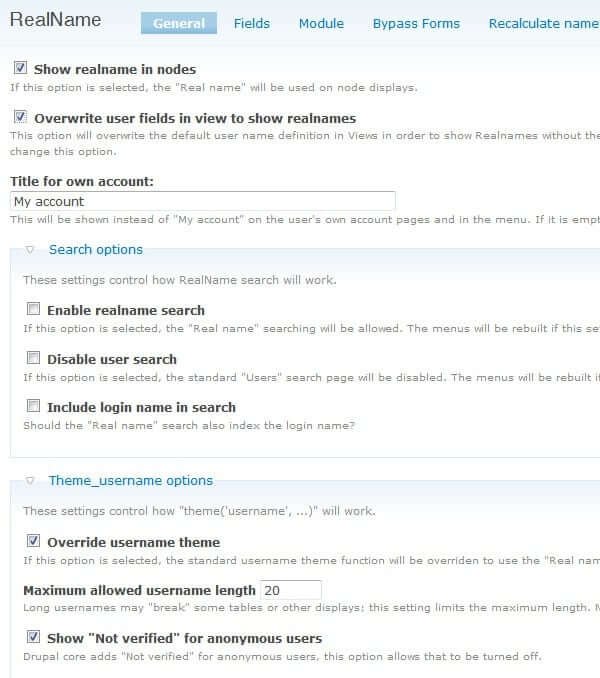 Configuring the RealName module in Drupal