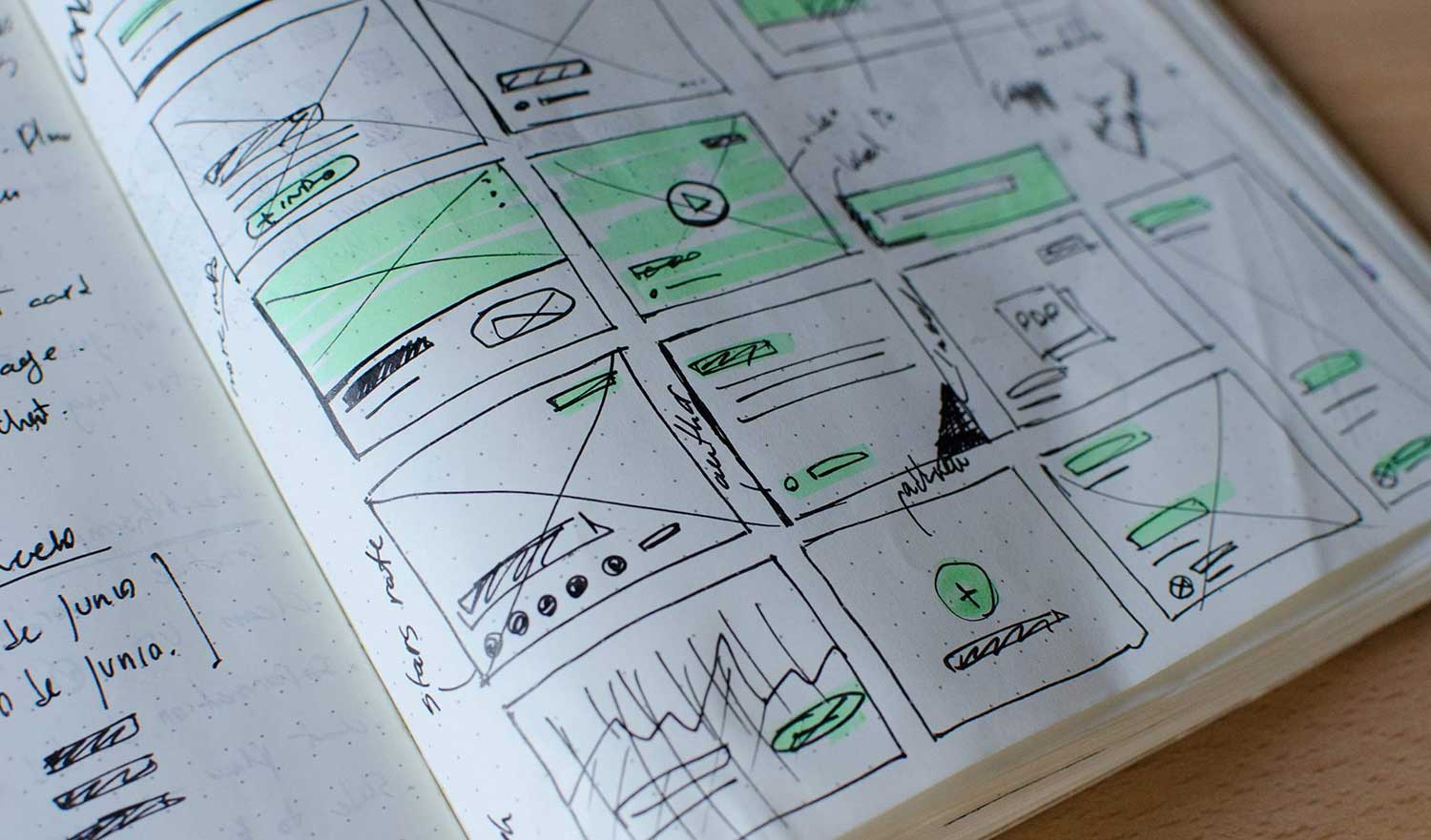 Sketch book with user experience drawings for web application
