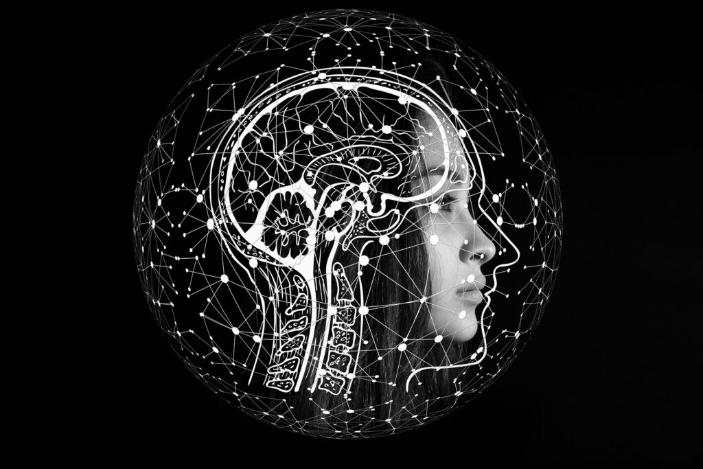 Picture of a woman overlaid with a brain illustration