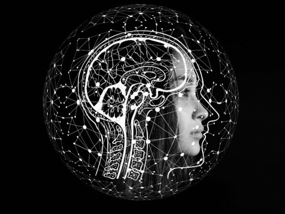 Picture of a woman overlaid with a brain illustration