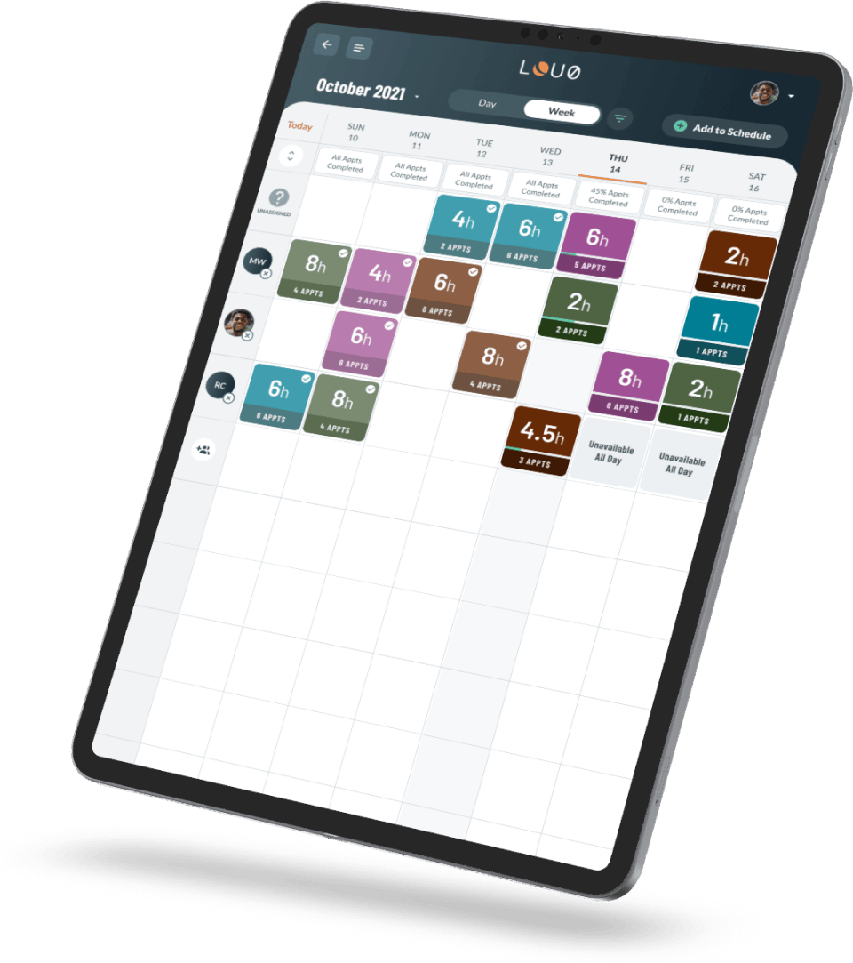A picture of an Apple iPad, showing off the scheduling view of the Evosus app