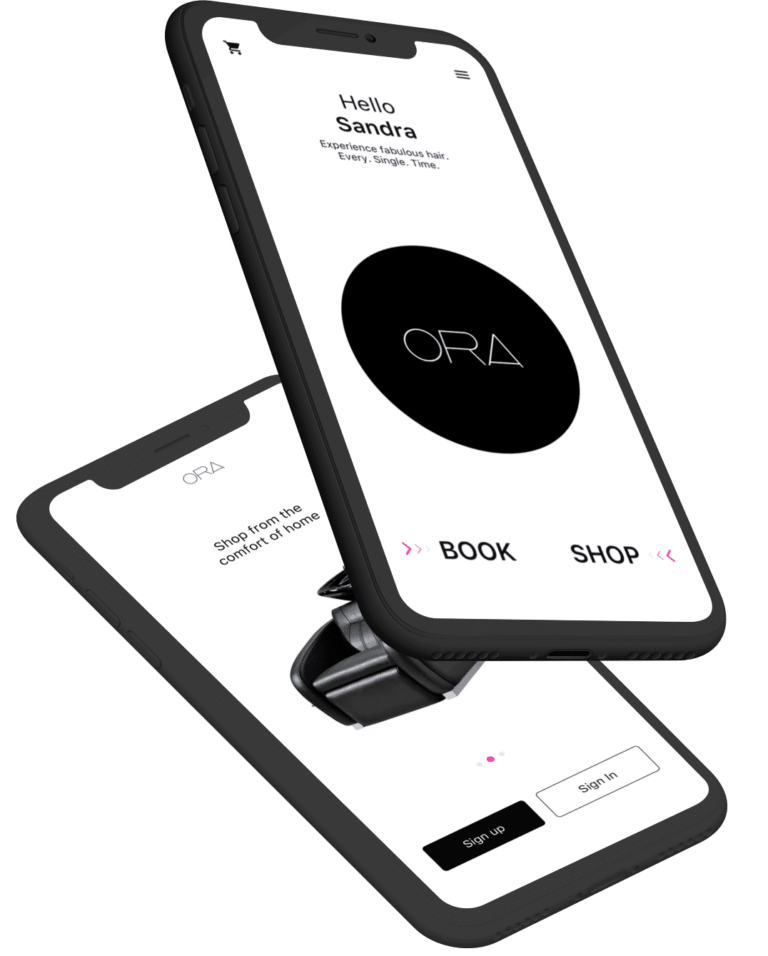 Two phones using the ORA Cosmetics app for IOS