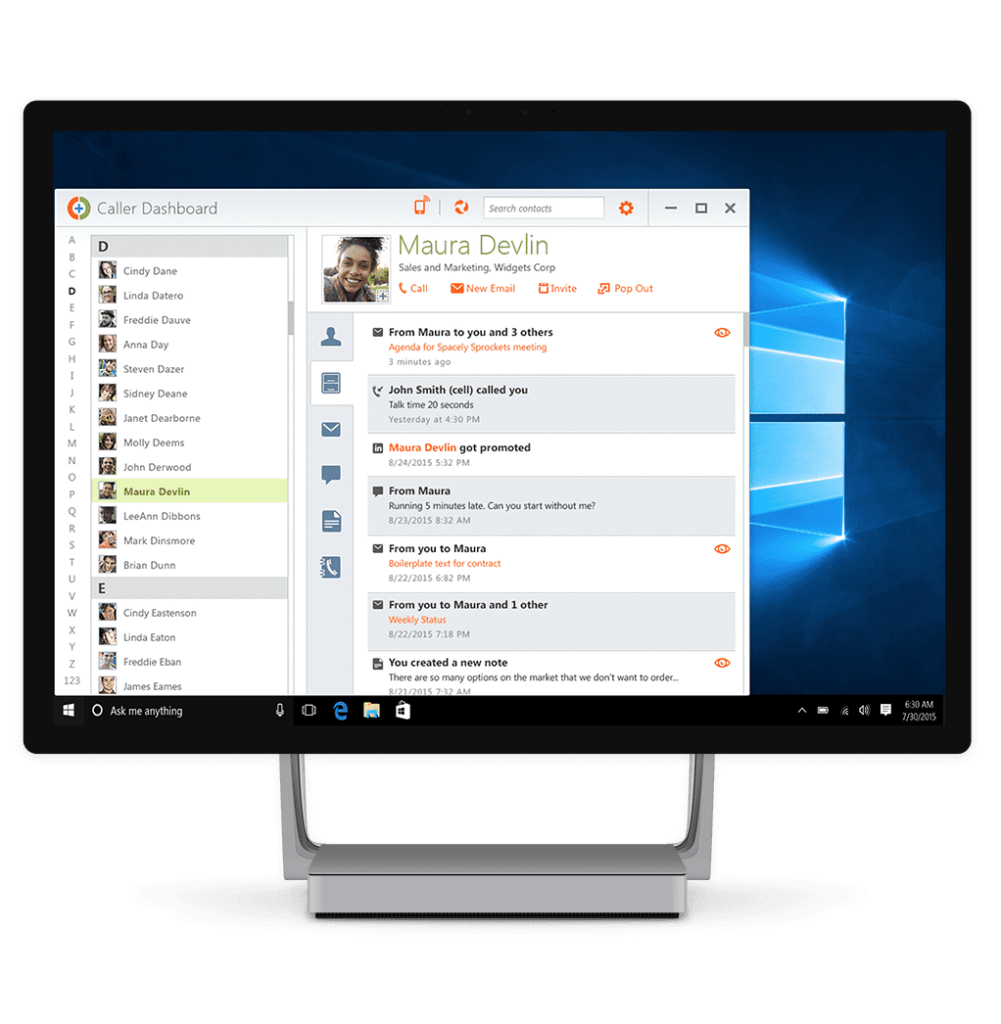 An image depicting the main screen of the Caller Dashboard application, showing a synced contact list and messages for the selected contact.