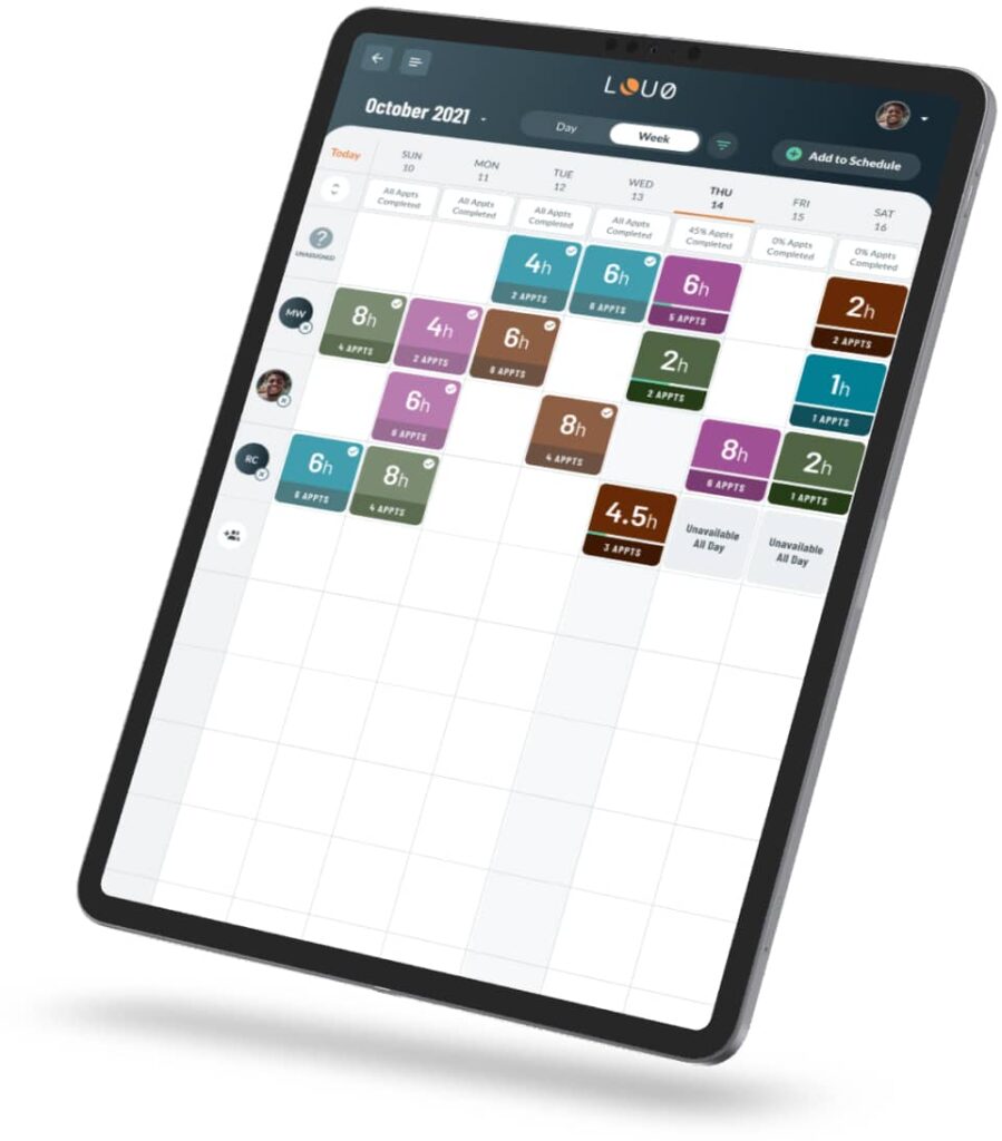 A picture of an Apple iPad, showing off the scheduling view of the Evosus app