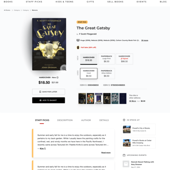ecommerce webpage for Powell's book store featuring the great gatsby book