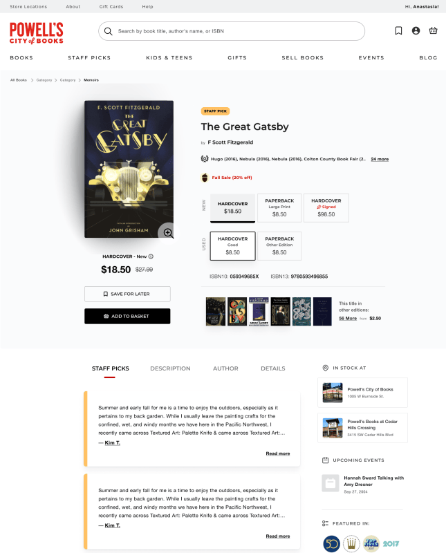 ecommerce webpage for Powell's book store featuring the great gatsby book