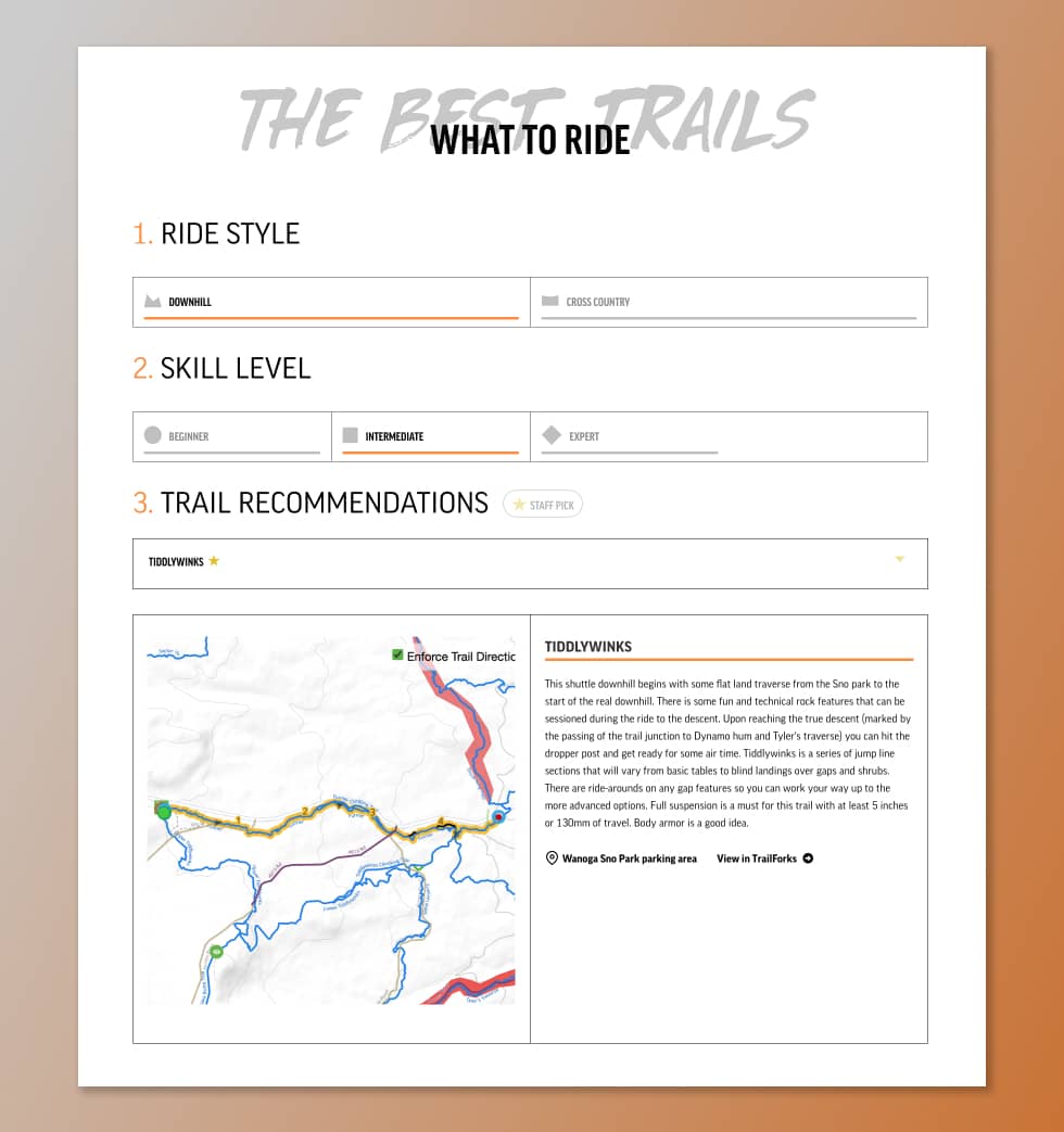 Web page featuring the Trail Finder, a feature of the Sagebrush website that recommends different trails for your individual needs.