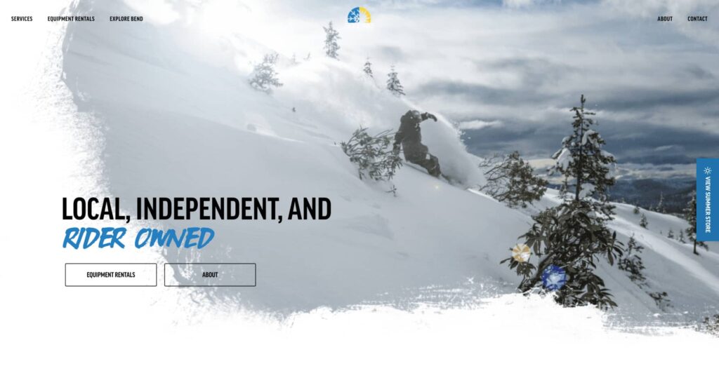 Skjersaas homepage featuring a man skiing down a mountain and the company's slogan and logo