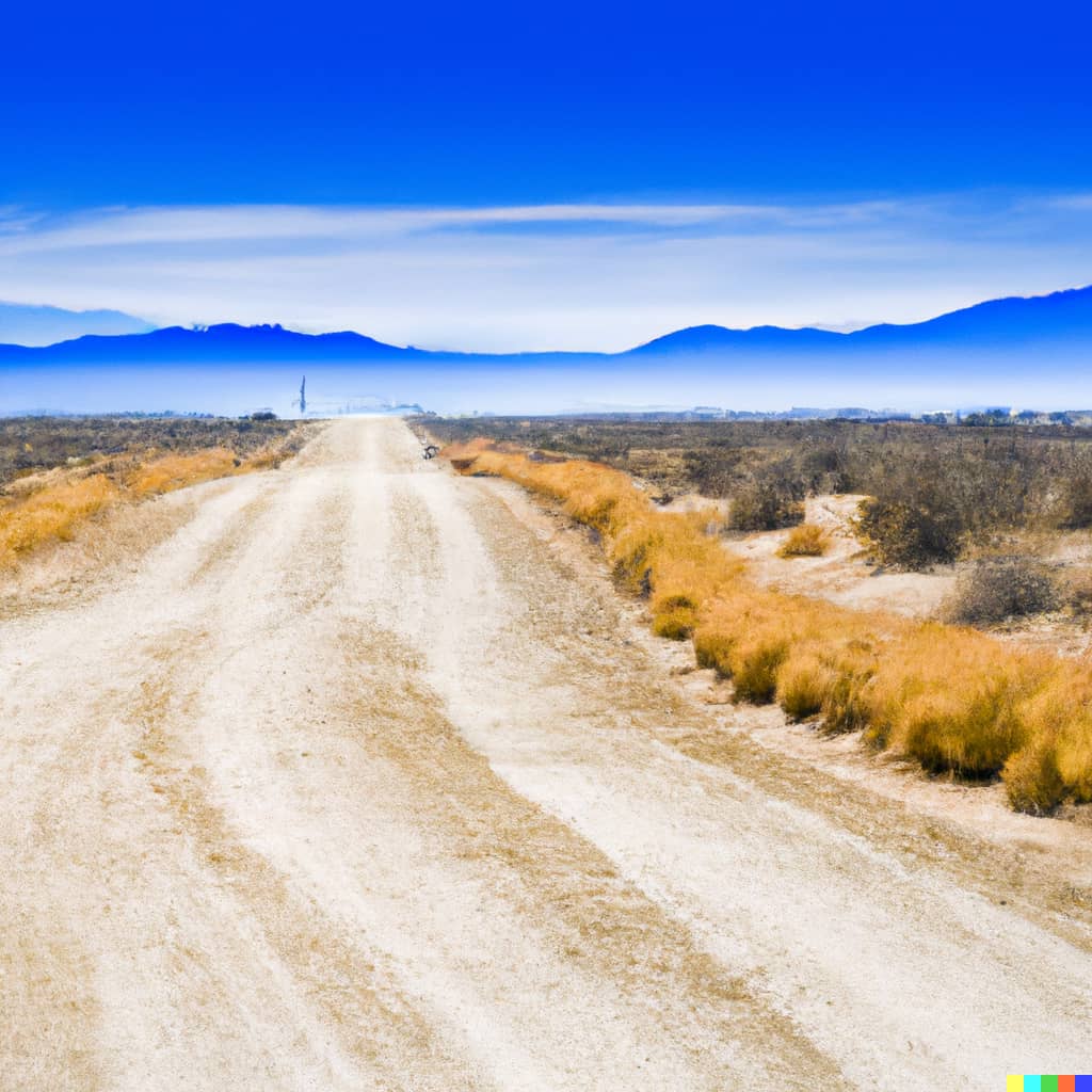 An AI-generated image of a dusty road in the desert.