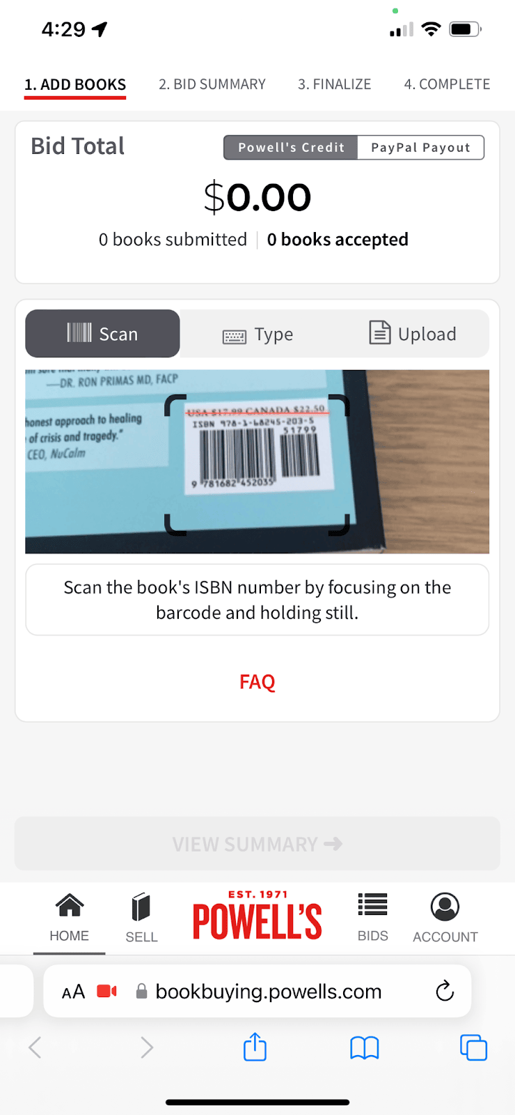 A screenshot of the Powell's Book Buying app.