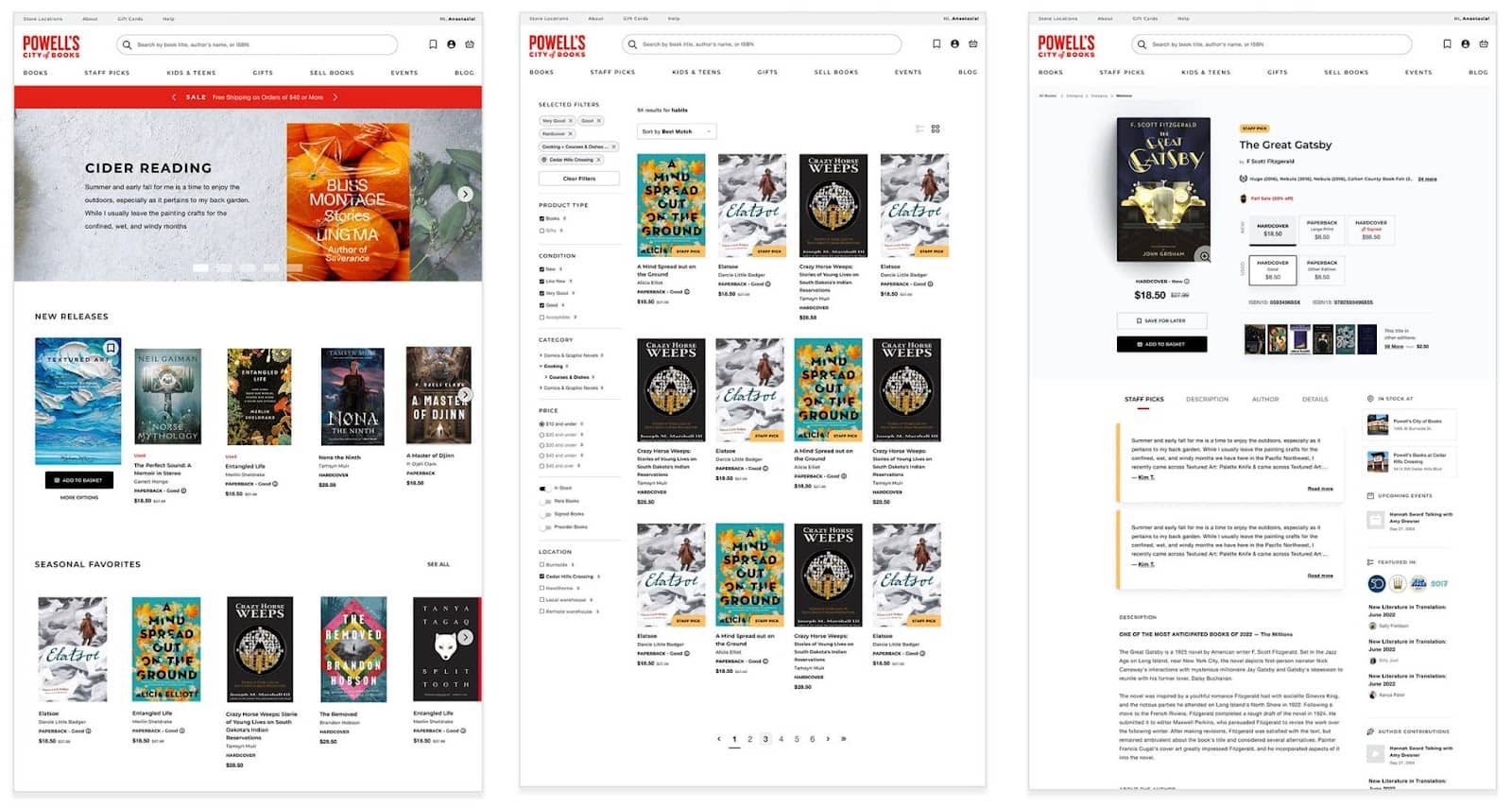 Screenshots of the redesigned Powell's web experience.