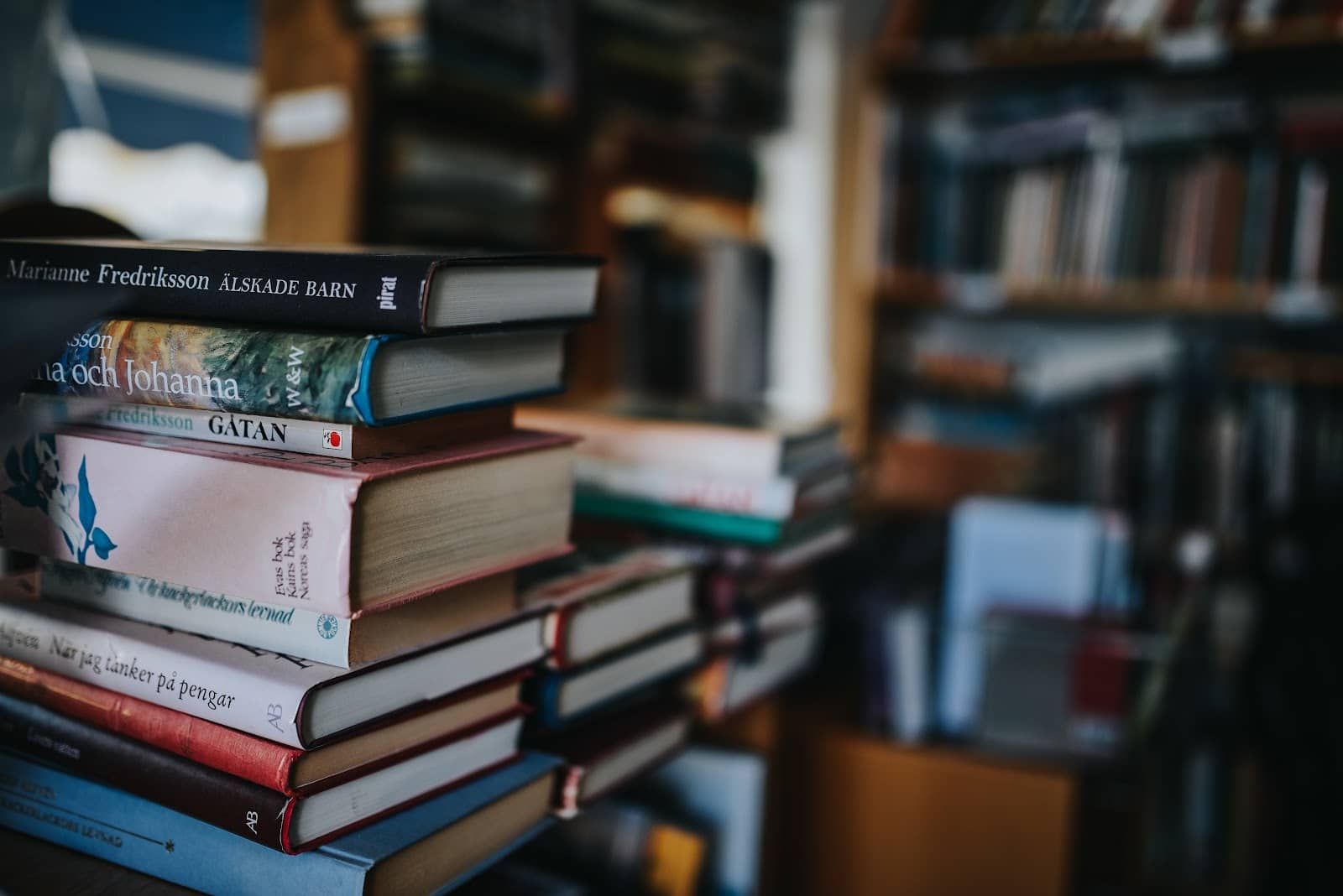 Stacks of books waiting to be shelved at Powell's.