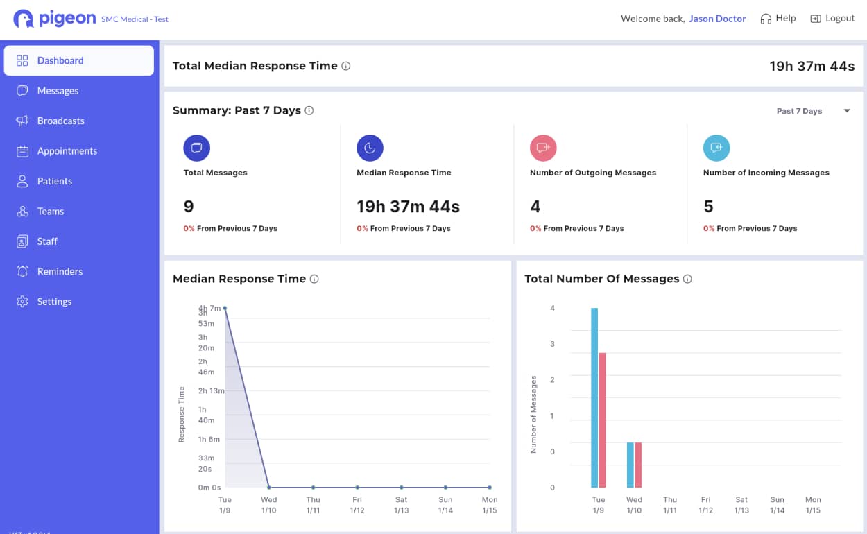 A screenshot of the partial Pigeon dashboard screen in wide desktop layout.