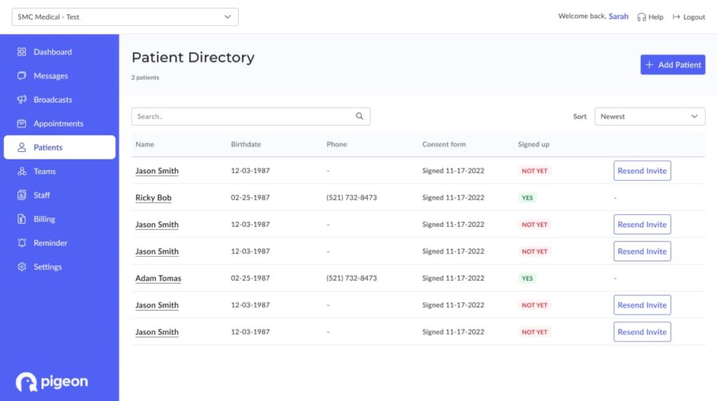 A screenshot of the Pigeon Patients screen in wide desktop layout.