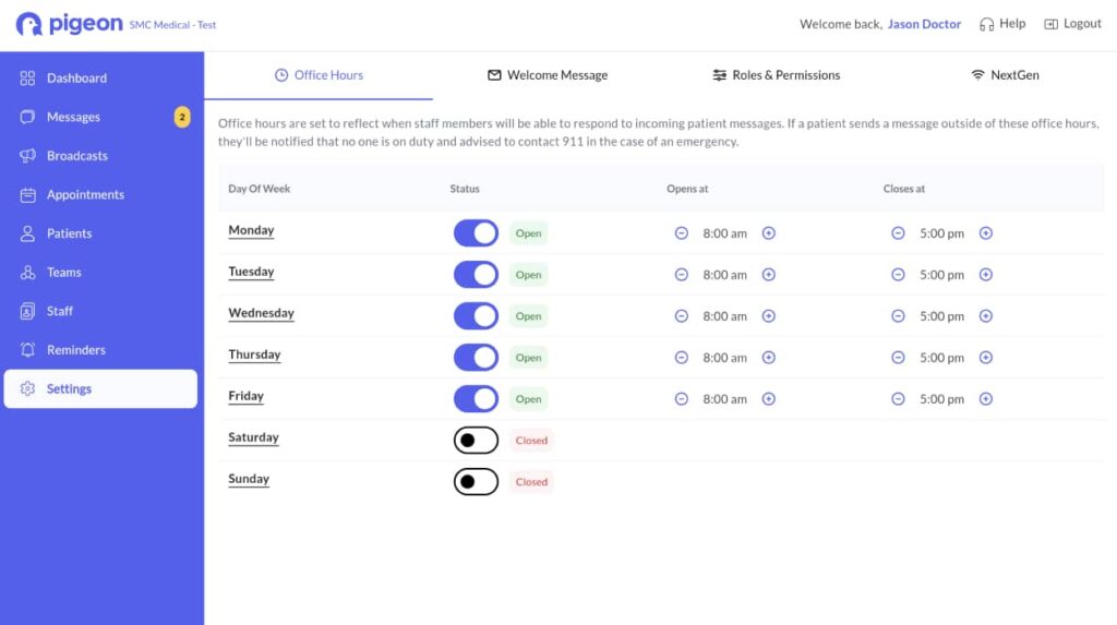 A screenshot of the Pigeon Settings screen in wide desktop layout.